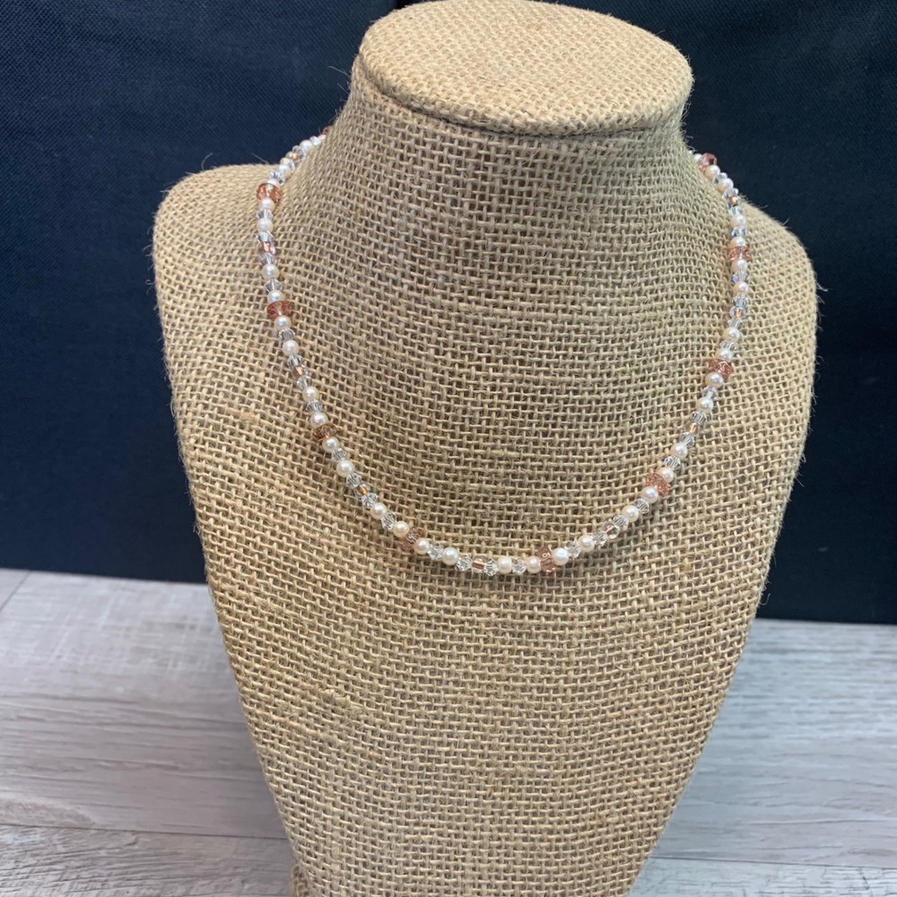 Handmade Faux Pearl and Rose Gold Crystal Beaded Necklace 16 Inch Silver Tone